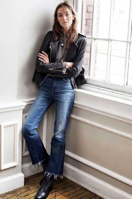 Flared jeans with leather jacket