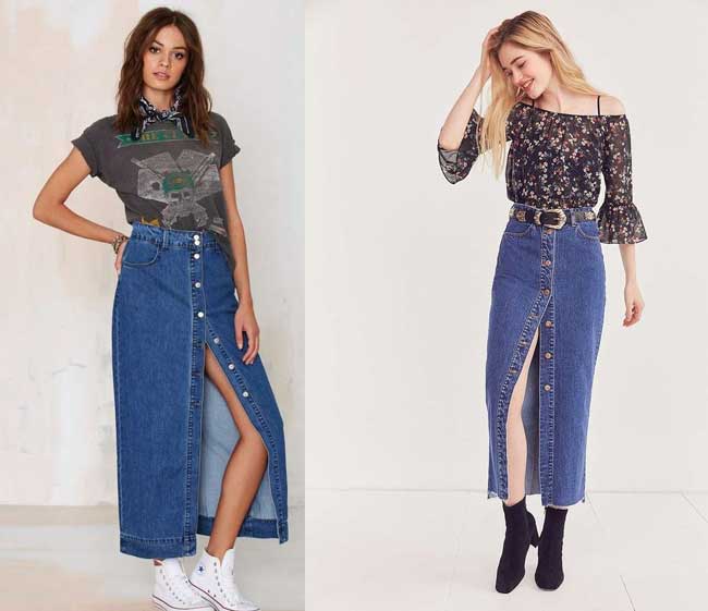 Long skirt to the floor of denim with what to wear