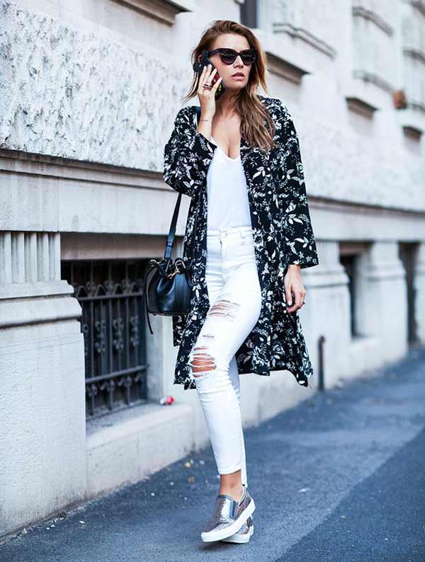 White jeans + white top + silver slip-on sneakers