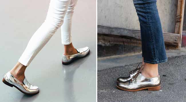 Silver moccasins, derby, ballet flats