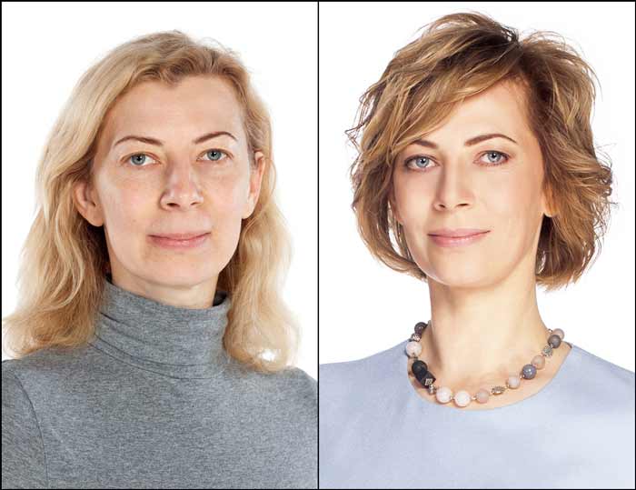 Maquillage, femme avant et après la visite d'un styliste