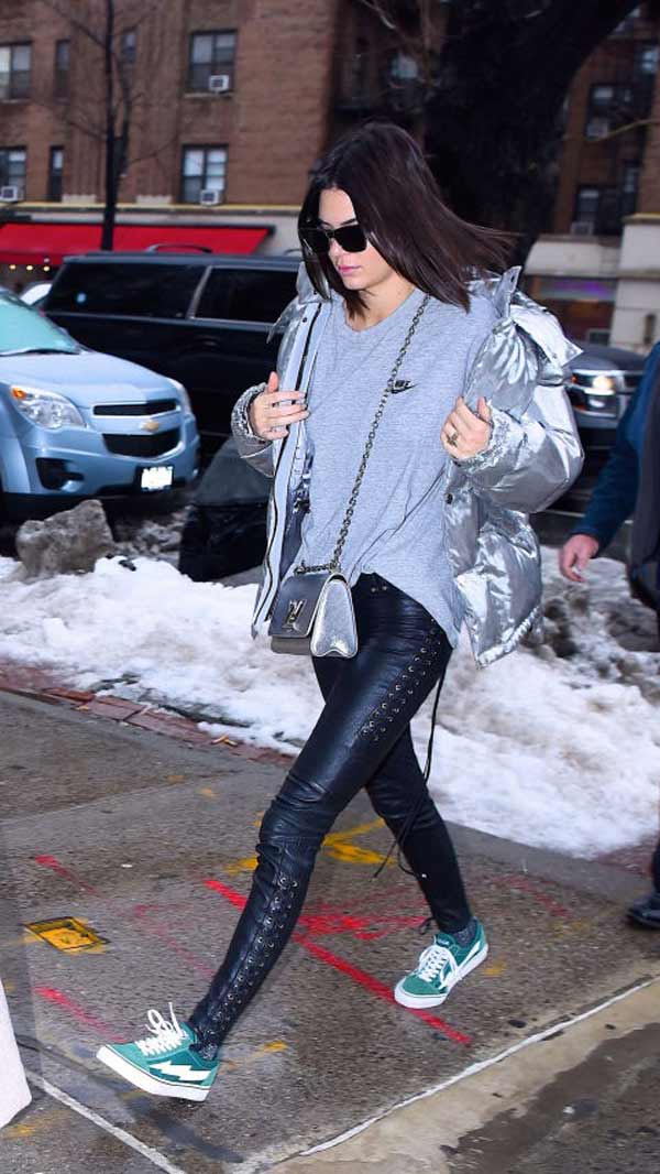 Kendall in a silver jacket + T-shirt