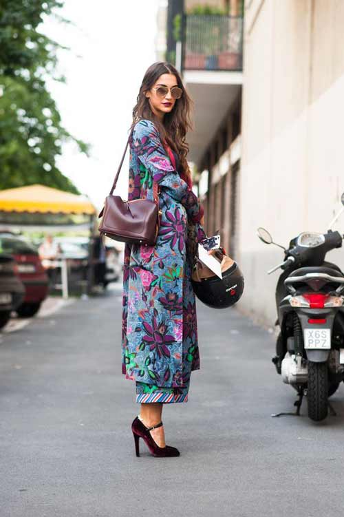 Long coat and bright print looks