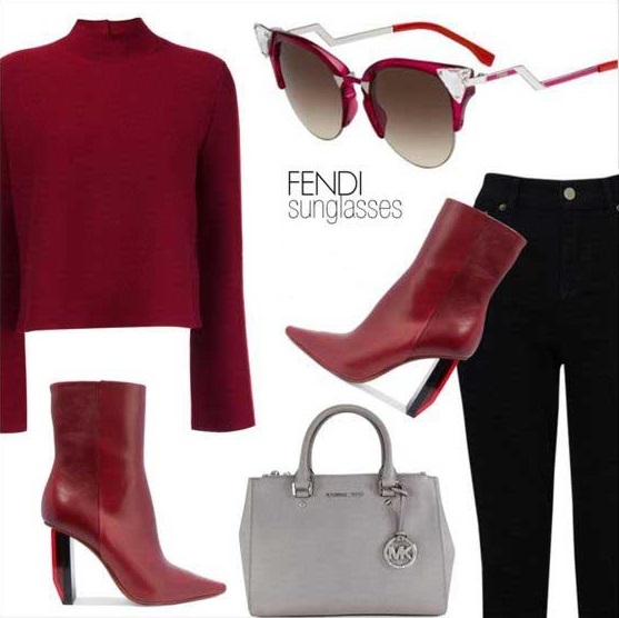 Red sweater, ankle boots and black jeans