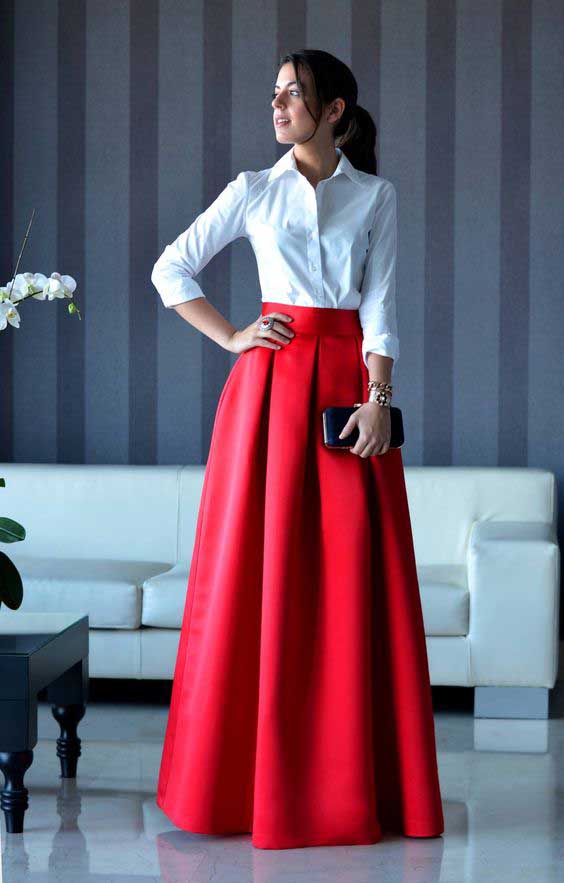 Red skirt with white shirt