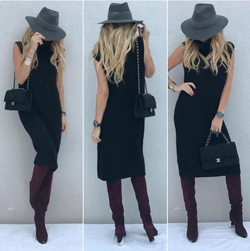 Over the knee boots and solid color dress