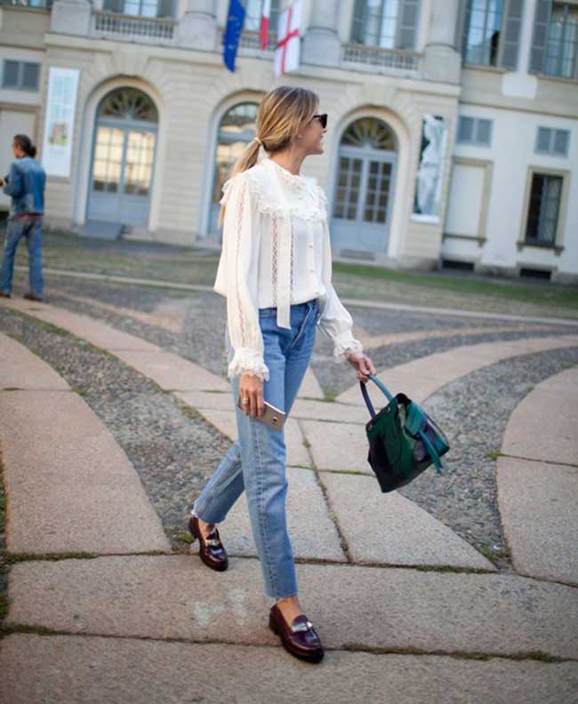 Jeans + white blouse with ruffles