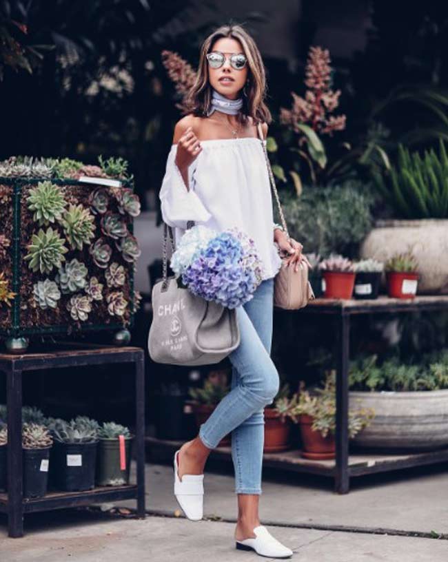 Down Sleeve Blouse and Light Blue Jeans looks