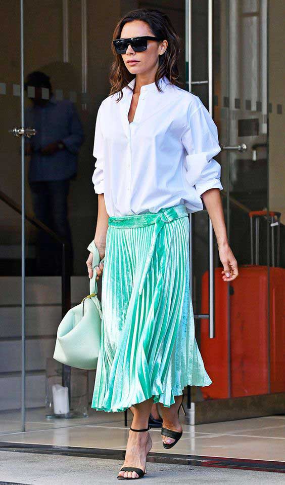 Shirt + bright pleated skirt Victoria Beckham