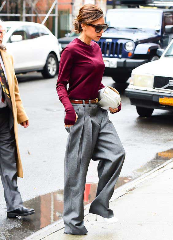 Burgundy turtleneck and wide leg pants