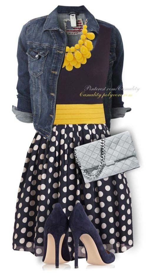 Polka Dot Skirt and Denim Jacket looks