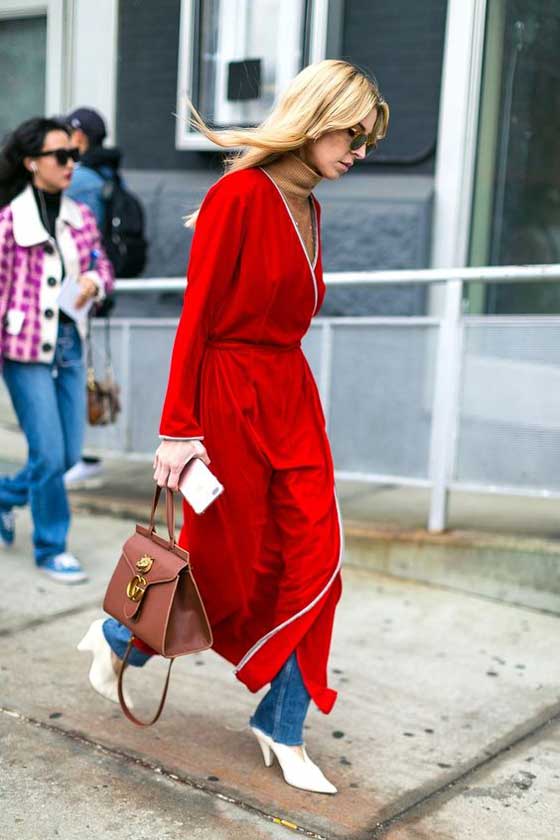 Red dress + jeans