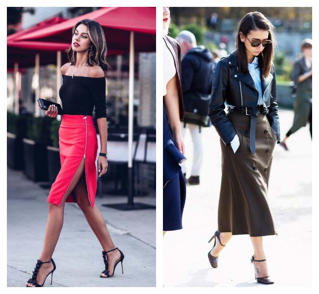 Leather midi skirt street style