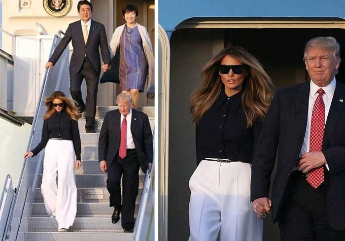 Melania Trump un jean blanc et un chemisier noir