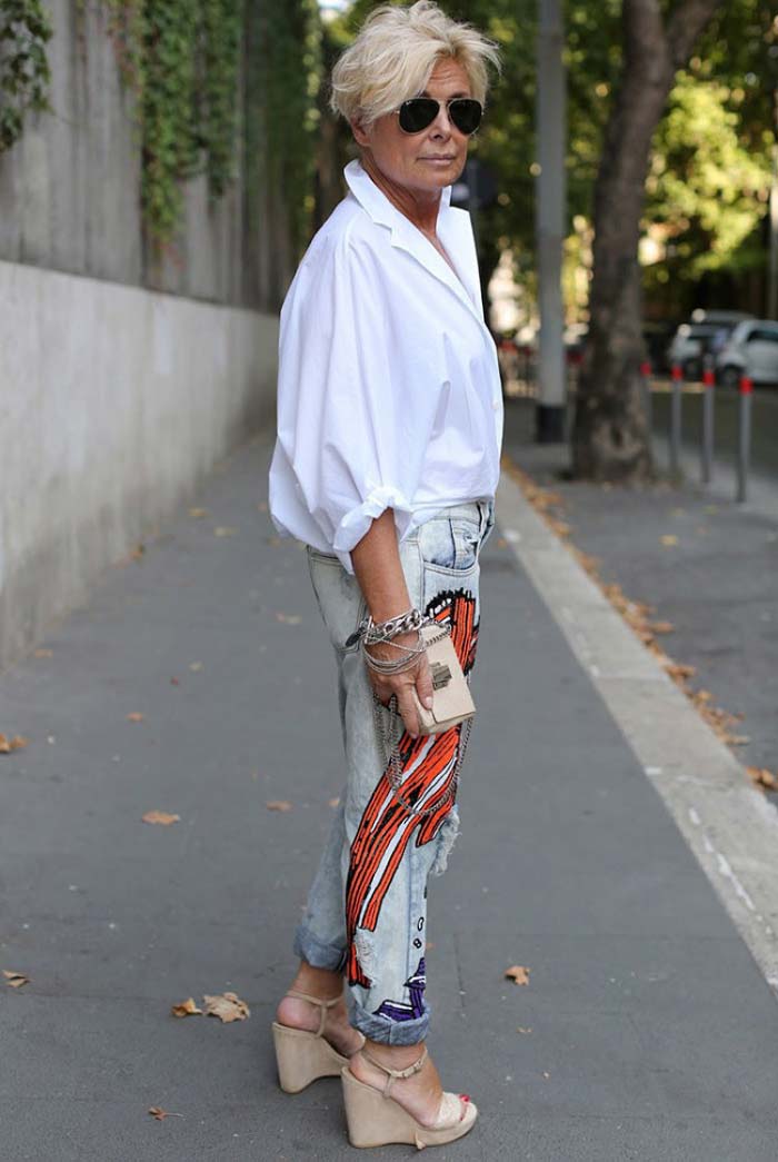 Jeans with embroidery + white shirt, woman aged