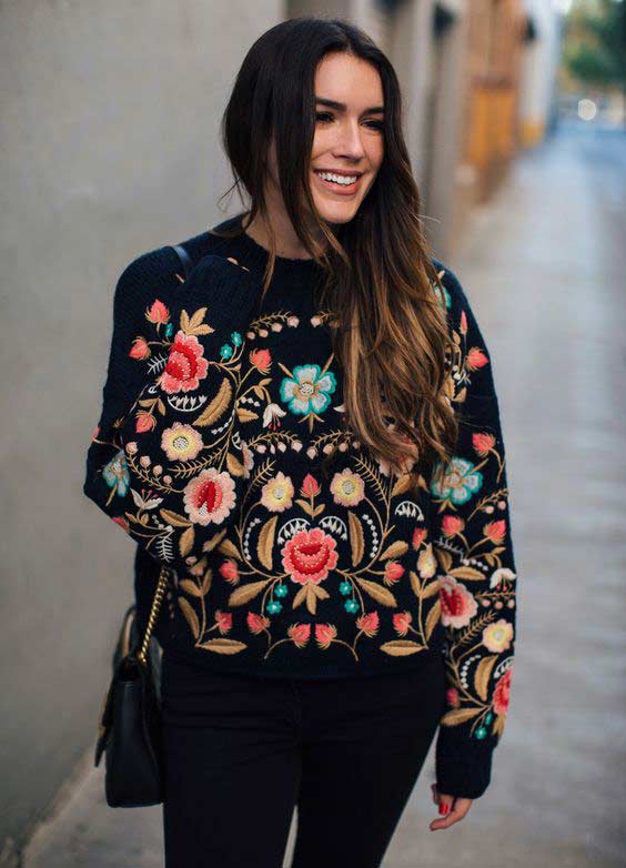 Embroidery contrasting flowers on the sweater