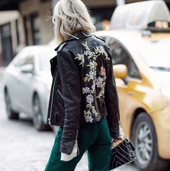 Leather biker jacket with flowers