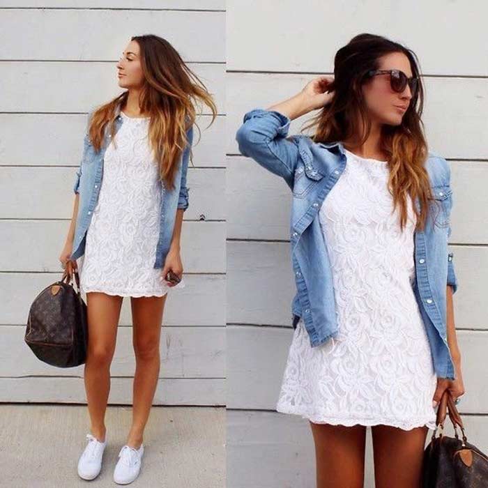 White dress with denim jacket