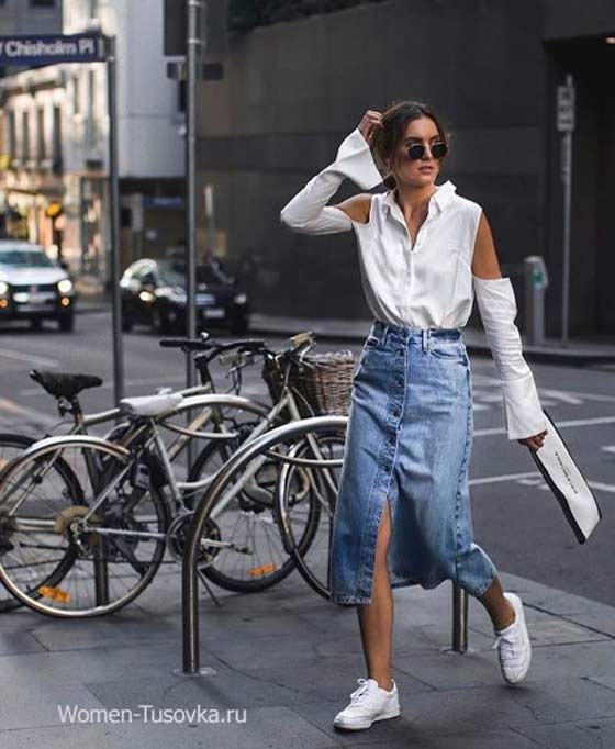 Denim skirt and white fashion blouse