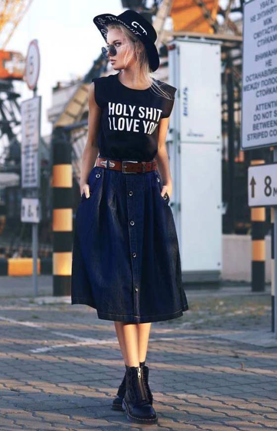 Below the knee denim skirt