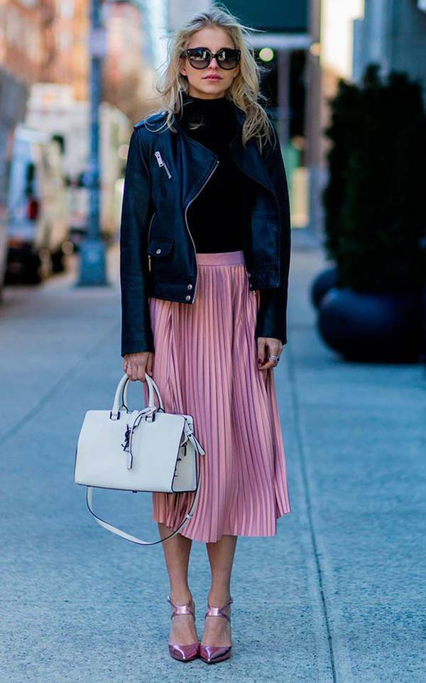 Pink Pleated Skirt and Leather Jacket looks