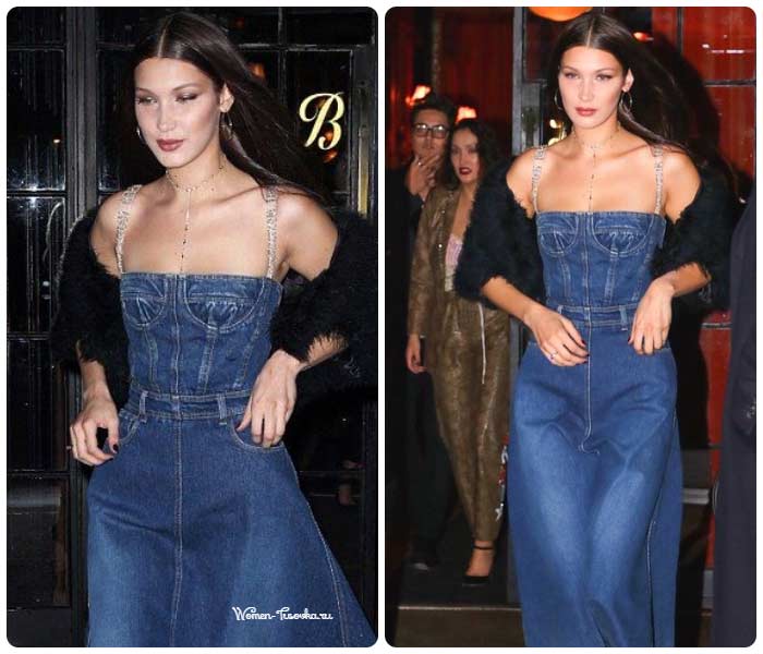 Denim sundress with a corset, fashion 2017, Bella Hadid