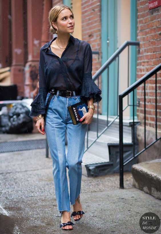 Jeans and a black blouse looks