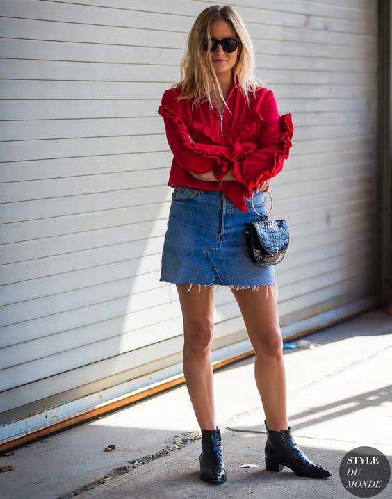 Red blouse and mini skirt looks