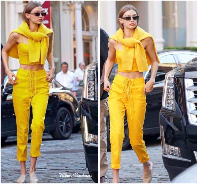 Gigi Hadid in yellow summer pants 7/8