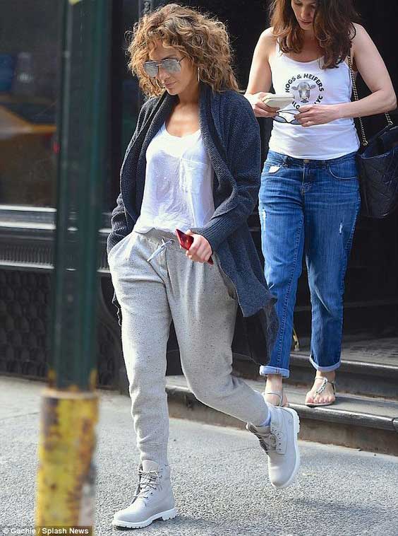 White T-shirt, gray workouts and cardigan