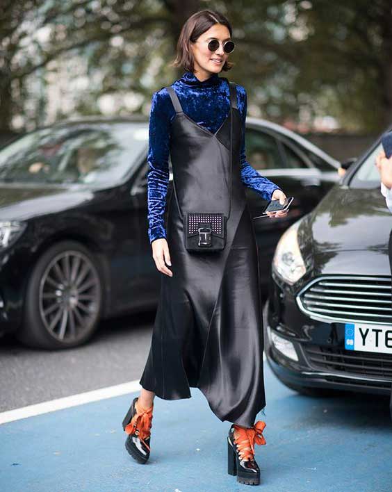 Velvet blouse with leather dress