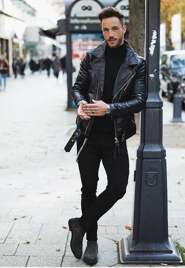 Black turtleneck with biker jacket