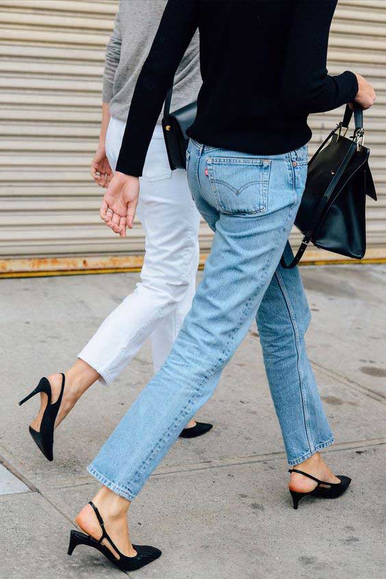 Light blue and white jeans and trendy low-cut shoes