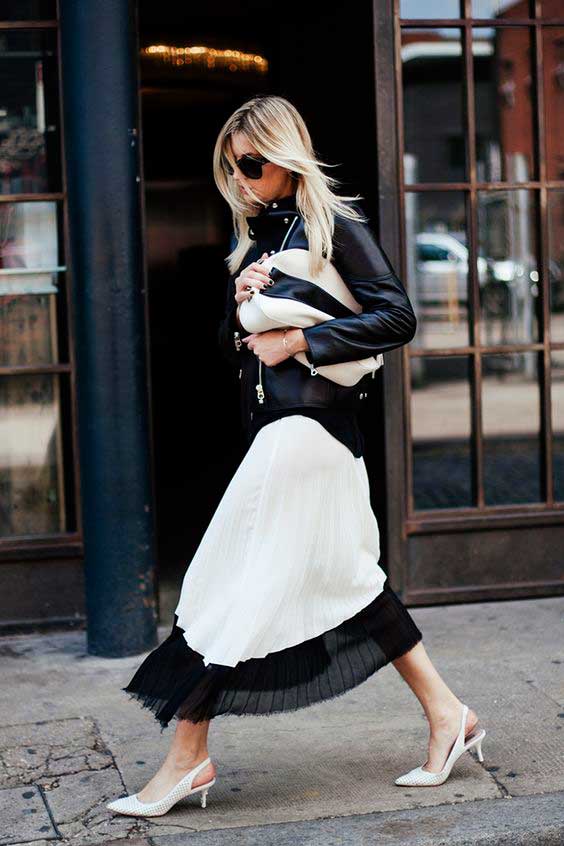 Midi Skirt and White Mini Heels looks