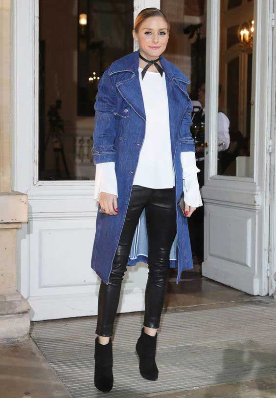 Denim trench coat + latex pants