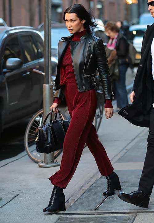 Bella Hadid burgundy jumpsuit