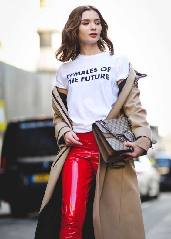 Red latex trousers