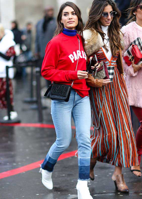 Street style - red sweatshirt with jeans