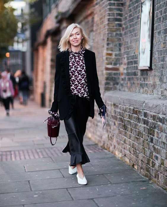 Pumps + blouse + leather pants + jacket