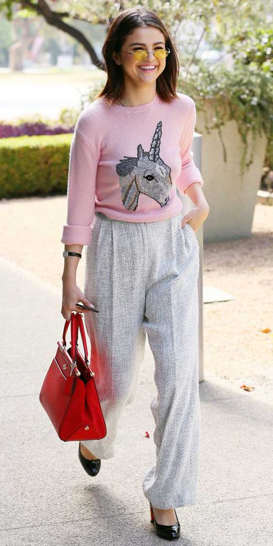 Selena Gomez pink patterned sweater