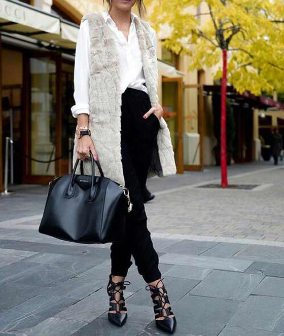 Fur vest + shirt + solid color pants