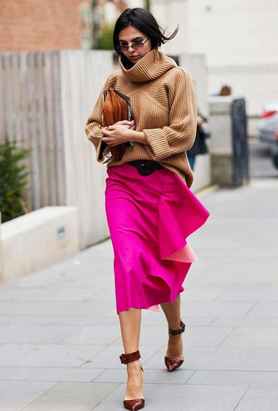 Basic sweater color and bright skirt