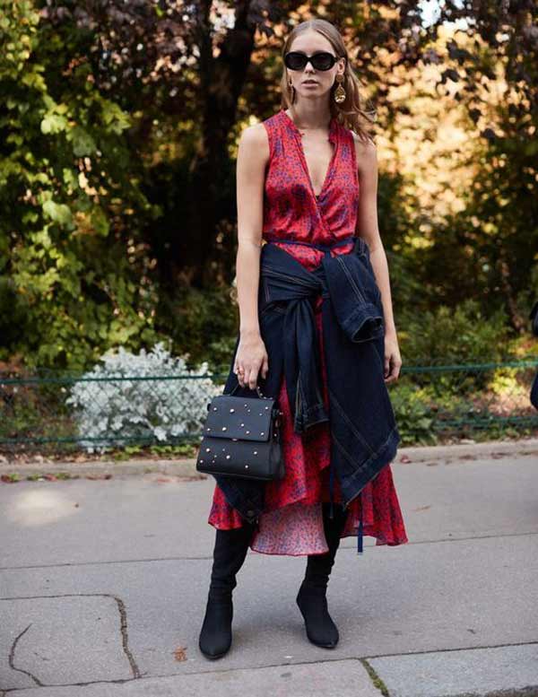 Denim jacket + high boots + summer dress