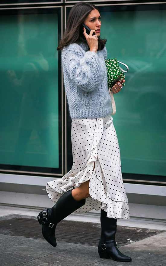 Sweater, boots + summer skirt