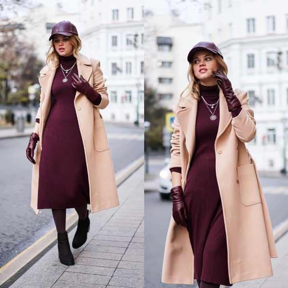 Manteau beige + vêtements bordeaux