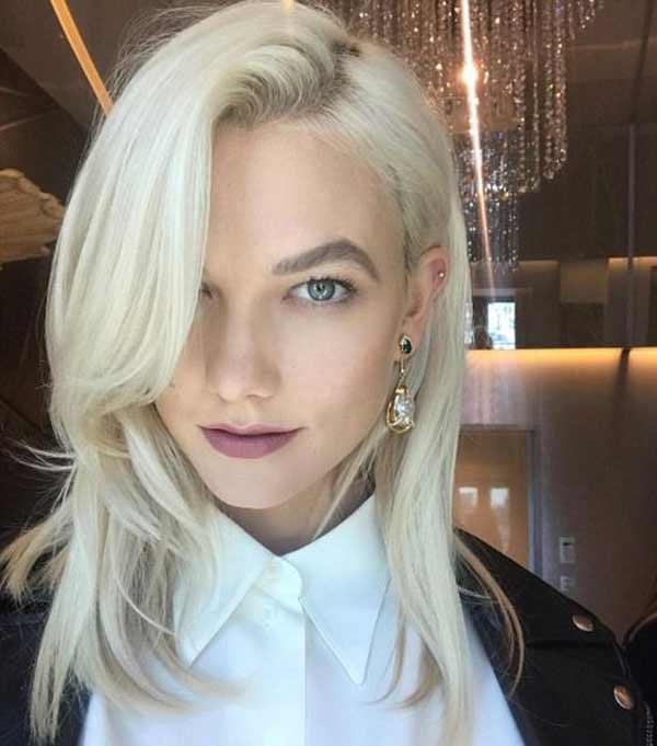 Karlie Kloss - blonde + oblique bangs