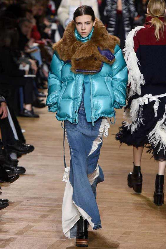 Down jacket with long denim skirt