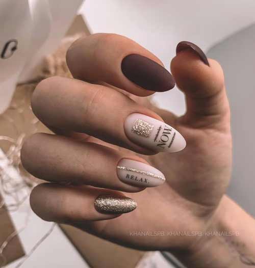 Beige manicure with festive design