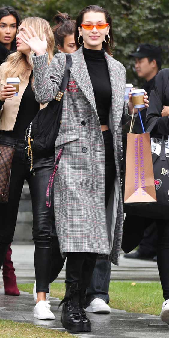 Bella Hadid in a gray coat