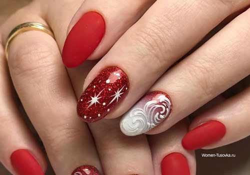 Red and white manicure with snowflakes